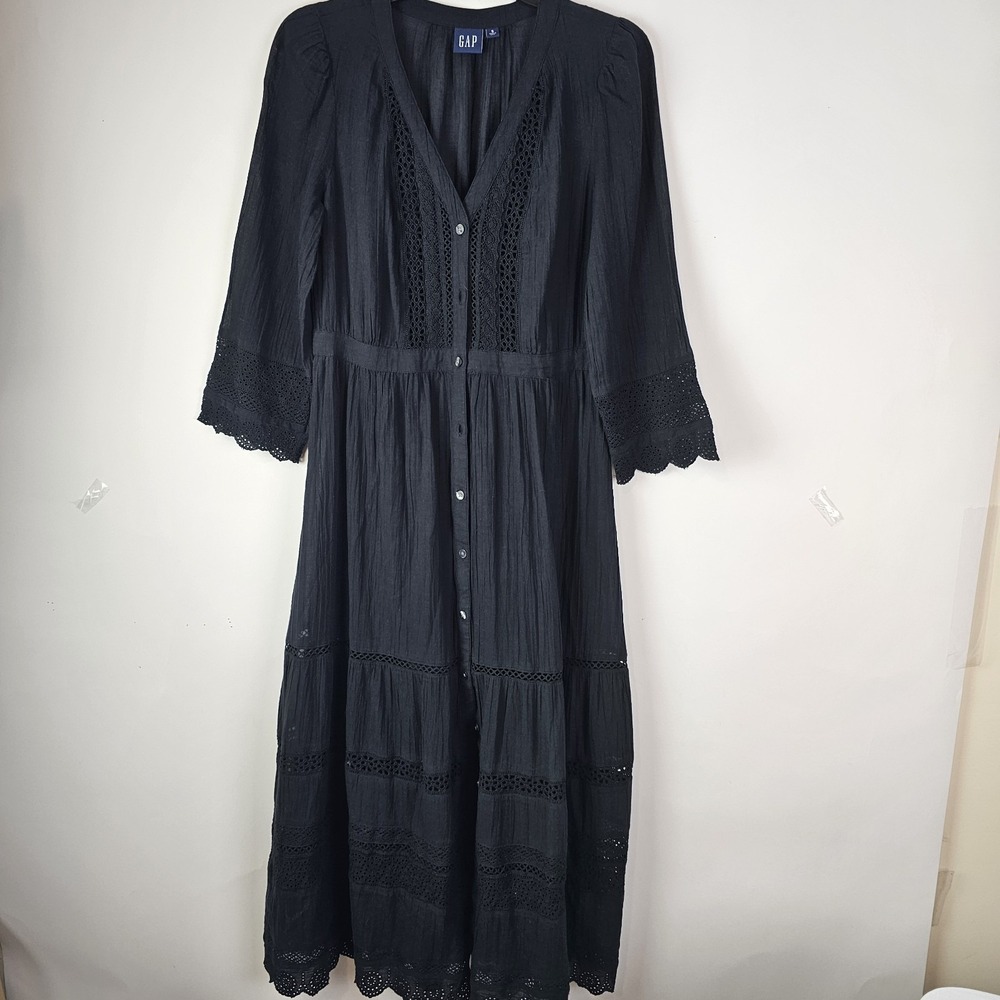 GAP Womens Dress Small Black Textured Crinkle Lace Midi Long Sleeve Cottagecore